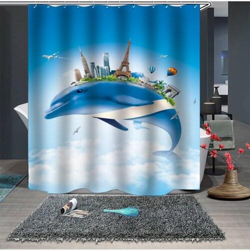 Custom Made Shower Curtain Bathroom Curtain Partition 1.5 x 1.8m 1.8 x 1.8m 1.8 x 2m Sea Dolphin Building Sky Blue