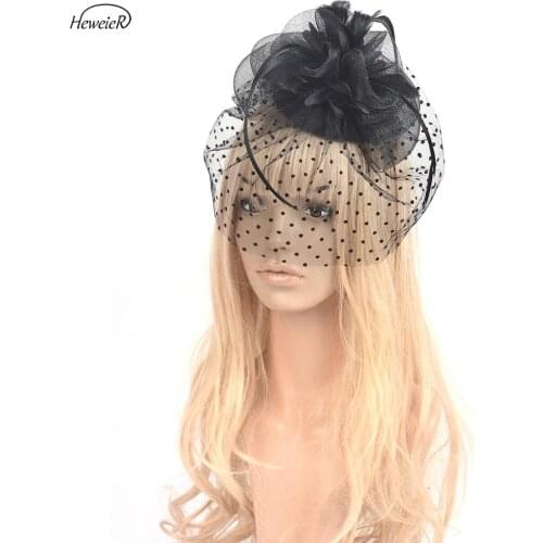 Handmade Women Bridal Feather Lace Fascinator Derby Black Hat Clip Wedding Races Cocktail Party Hair Jewelry Band Headdress