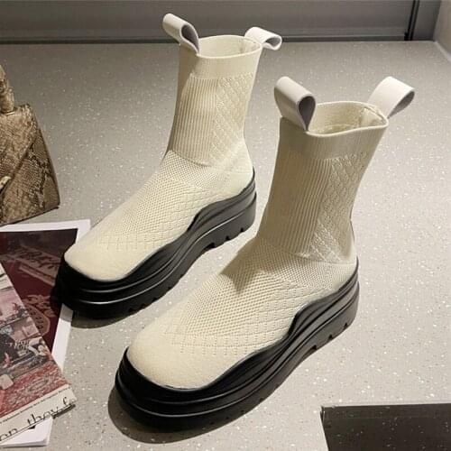2021 Women Designer Sock Boots Female Chunky Platform Ankle Boots Lady Knitting Booties Goth 6.5cm High Heels Combat Cute Shoes