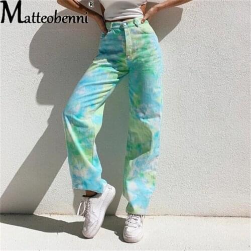 2021 Womens Jeans Sea Water Pattern Tie-Dye Printed Green Straight Pants High Waist Wide Fitting Harajuku Denim Trousers Female