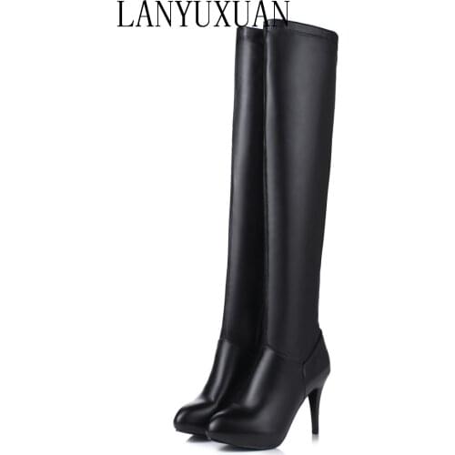 Customized Size 32-45 Winter Women Black Long High Heels 10Cm Over Knee Zipper Leather Booties Zapatos De Mujer Boots Shoes T601