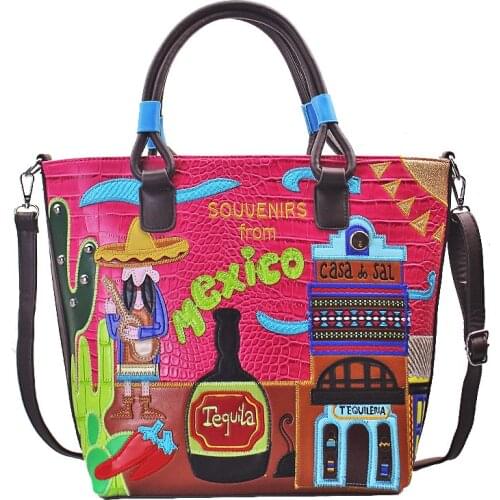Women Bags Leather Patchwork Embroidery Handbags Shoulder Bags Messenger Bag Totes Braccialini Style Art Cartoon Straw Hat Man