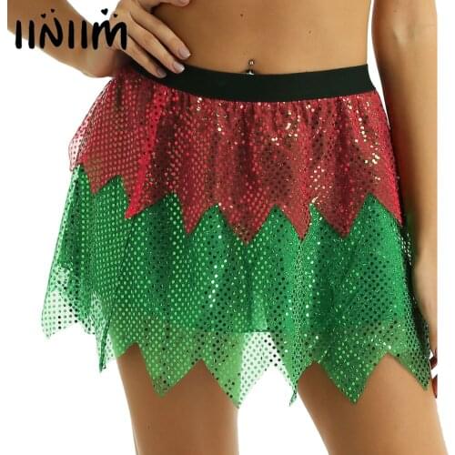 Women Ladies Clubwear Party Costumes Shiny Sequins Elastic Waistband A-Line Short Skirt Christmas Xmas Costume Fancy Mini Skirt