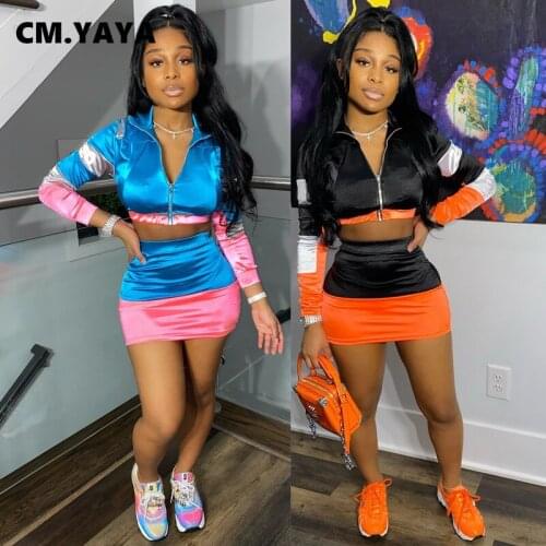 CM.YAYA Women Sets Full Sleeve Zipper Crop Tops Skinny Elastic Mini Skirts Matching Womens Two Piece Set Outfit Spring Autumn