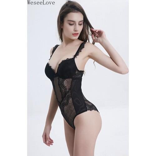WeseeLove Bodysuit Women Lace Ruffles Straps Padded bra Underwire Lingere femme Push Up Queen Bottom Closure Cotton Crotch