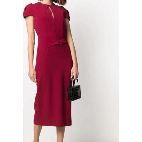 Women Summer Fashion Pleated Package Hip Dress Elegant Back Zipper Split O Neck Office Work Lady Vestidos De Mujer Mid-Length