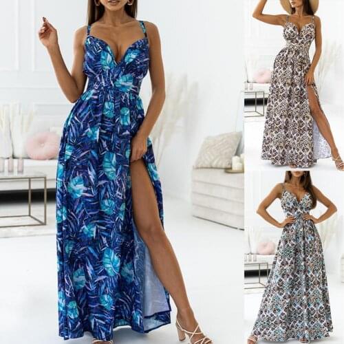 Ladies Dress Ethnic Print Split Sexy V Neck Backless Sling Dress for Beach