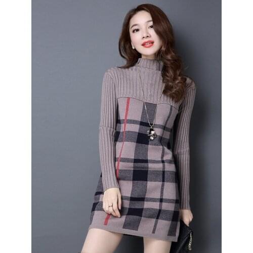2020 New Women Autumn Winter Dress Turtleneck Long Sleeve Plaid Knitted Sweater Dress Female Loose Sweaters Pullovers Dress 315