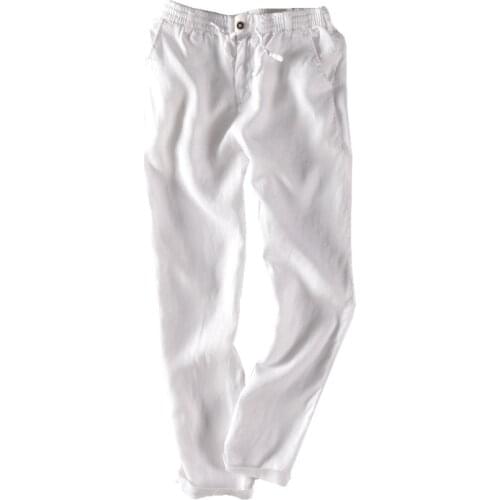 100%Linen Pants for Men Casual Solid White Straight Trouser Breathable Fashion Comfortable Full Length Man Pant