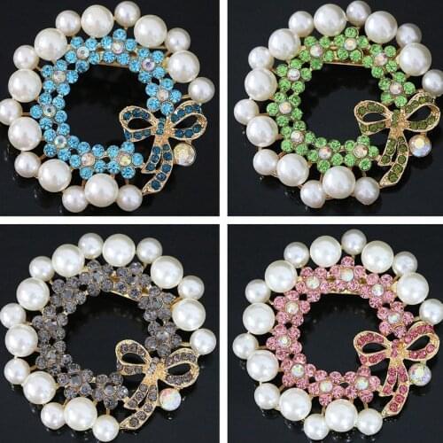 Multicolor large brooch dor women 61mm rhinestone white round shell pearl beads bow gold-color pins jewelry B1222