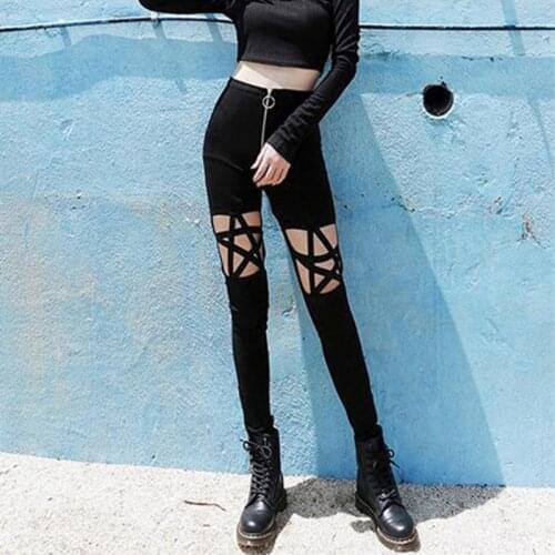 Novelty Women Pants Hollow Out Pentagram Pencil Pants Black Pants Pantalones Mujer Slim Casual Female Stretch Trousers