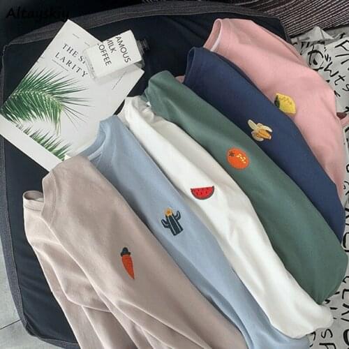 6 Colors T-shirts Women Vegetable-embroidery Japanese Style Loose Leisure BF Unisex Couple Harajuku Female Top Summer Simple Ins