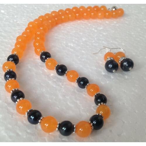 7-8MM Natural Black Pearl/Orange Jade Gemstones Beads Necklace 18"+ Earrings set