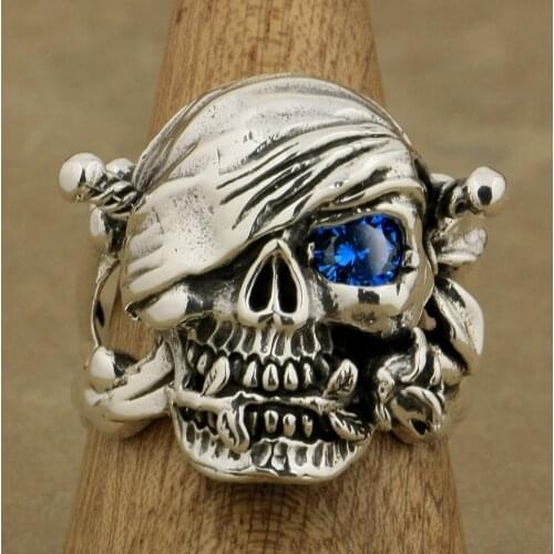 LINSION 925 Sterling Silver Pirate Skull Rose CZ Eye Mens Biker Punk Ring 9WX01 US Size 7 to 15