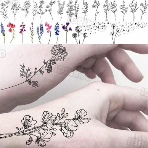 Black Thorns Small Temporary Tattoos For Women Girls Realistic Lavender Dandelion Fake Tattoo Sticker Arm Body Tatoos Paste