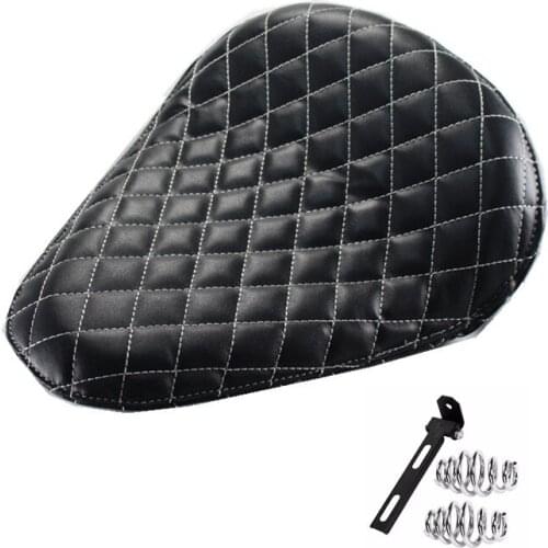 Motorcycle Seat-&3 Spring Bracket Leather Solo Seat With Grid White Diamond Stitch For Harley Sportster Bobber Chopper Custom
