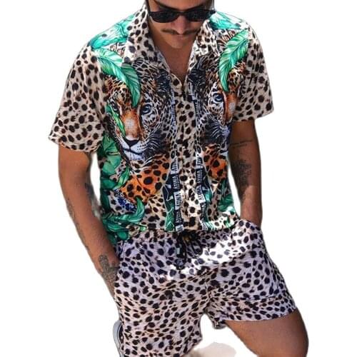 Leopard Printed Men Sets 2021 Casual Lapel Short Sleeve Shirt+Beach Shorts Breathable Men Hawaiian Suits Fashion Loose Set Cloth