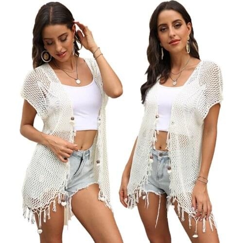 Beach Cover Up Tunic White Knitted Bikini Cover Up With Fringe Women Hollow Beach Dress Summer Cardigan Bathing Suit Beachwear