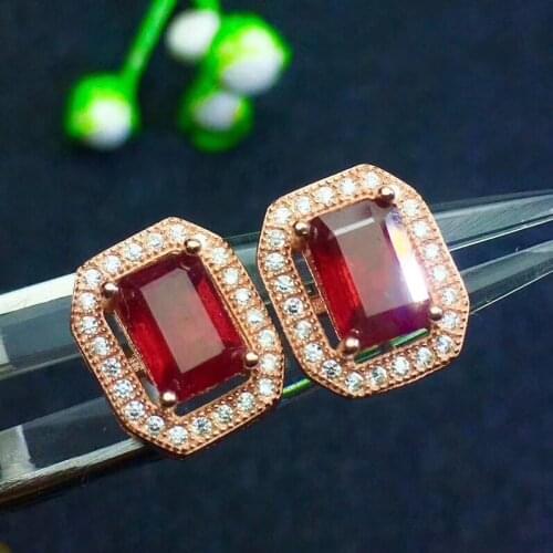 Natural ruby stud earring Free shipping Original real ruby 925 sterling silver 5*7mm*2pcs gemstone For men or women