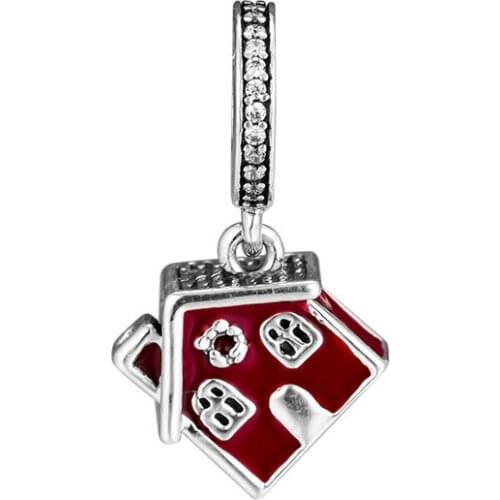 Cosy Christmas House Dangle Charm Clear CZ & Red Women 925 Sterling Silver Beads for Jewelry Making Fits Beaded Charms Bracelets