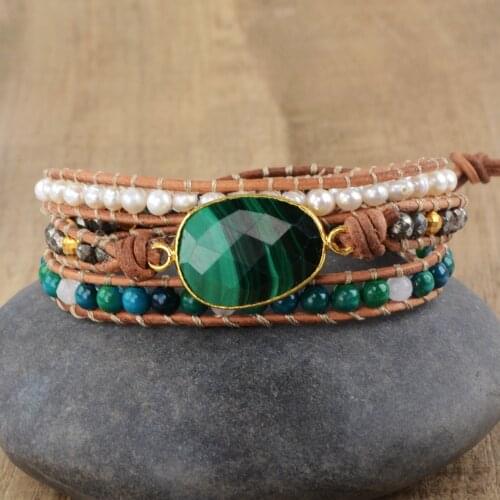 Pearl Bracelets 3 Strands Wrap Bracelets Handmade Bohemian Malachite Leather Bracelet Natural Malachite Pearl braid Bracelet
