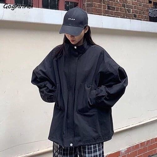 Women Basic Jackets Black Zipper Oversize Baseball Coats Unisex Daily Students Leisure All-match Females Ulzzang Spring Fashion