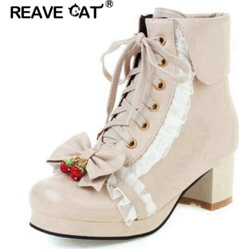 ORCHALISA Winter Midcalf Boots Women Lolita Platform Cute Lace Bow Plus Size 40-43 Japanese Style School Lace-up Boots S2469