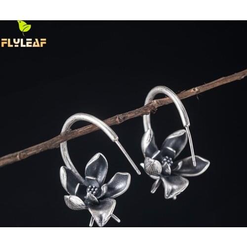 925 Sterling Silver Vintage Lotus Flower Earrings For Women Chinese Court Style Get Old Vintage Jewelry Flyleaf