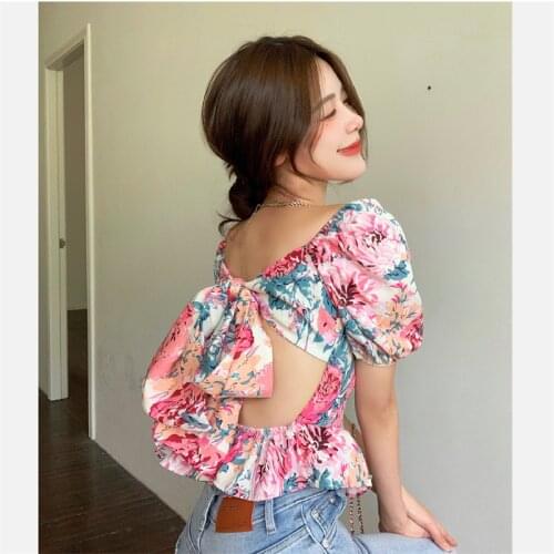 Japanese Summer Elf Sweet Holiday Style Printed Strappy Open Back Puff Sleeve Square Neck Top