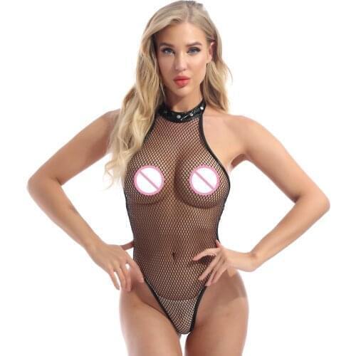 Womens Lingerie Hollow Out See-through Fishnet Bodysuit Sexy Sleepwear Teddies Nightwear High Cut Halter Backless Sexy Bodysuit