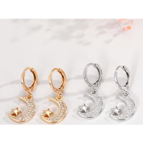 1Pair New Cute Crystal Moon Star Small Hoop Earrings For Women Fashion White Zircon Crescent Circle Ear Stud Korean Jewelry E698