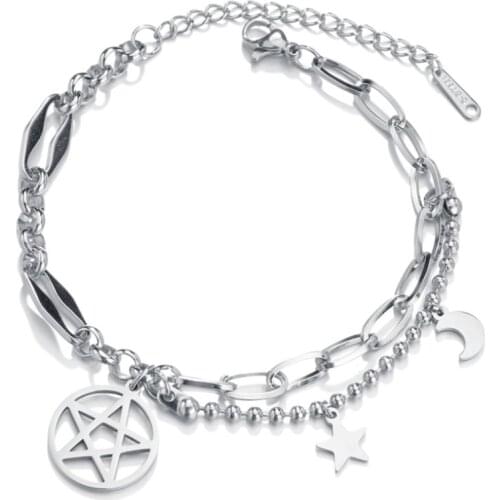 316L Stainless Steel Do Not Fade 2 Layer Star Moon Beaded Charm Thick Chain Bracelets For Women Fashion Trend Fine Jewelry Gift