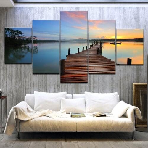 5 Panel/pieces HD Print Sunrise blue sea wood bridge Landscape Print On Canvas Art Painting For home living room decoration