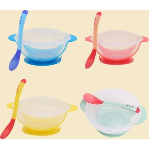 Temperature Sensing Baby Suction Cup Bowl Training Bowl Spoon Tableware Set With Bowl Cover