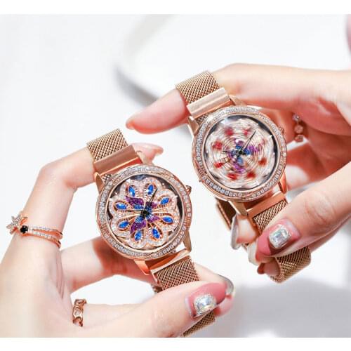 Watch for Women Relogio Feminino Luxury Brand Fashion Rotating Rhinestone Watch Waterproof Steel Mesh Belt Quartz Wrist Watchees