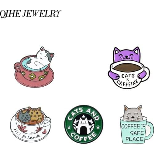 Cats and Coffee Enamel pins Collection Kittens Brooches Cute Coffee Mug Lapel Pin Cups Badges For the Coffee Lover Cat Owners