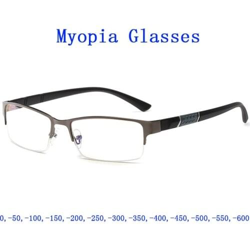 Finished Men Business Myopia Glasses Male Casual Metal Semi Rim Anti Blue Transparent Glasses Shortsighted Spectacles -0.5~-6.0