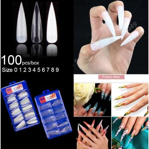 100pcs/box Long Stiletto False Nail Tips 10 Sizes Fake Nail Tips Salon Acrylic Nail Art False Nail Tips 3 Colors Options