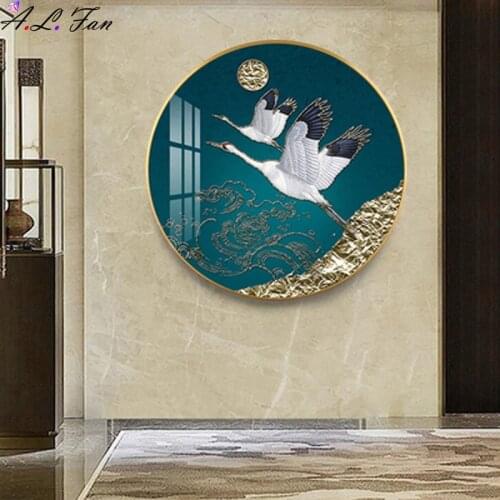 Canvas painting of retro birds, retro wall art, bird, gold, cloud, Ancient Chinese Traditional Red-crowned Crane Zen Art Canvas