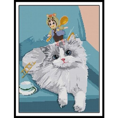 Joy Sunday Kitten Patterns Counted Cross Stitch Kits 14CT 11CT Printed on Canvas DIY Handmade Embroidery Sets Needlework Sets