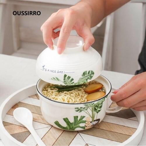 OUSSIRRO Cartoon Cute Animals Classical Creative Instant Noodles Bowl With Lid Ceramic Bowl Cute Student Job Bowl Soup Bowl
