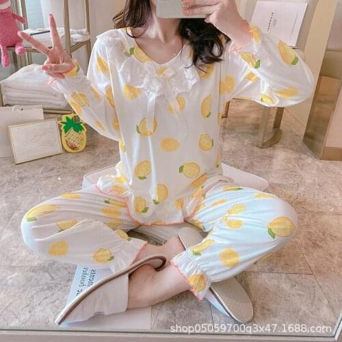 Summer Fashion Leisure Cute Printing Silk Satin Lace Womens Pajamas V Neck Design Long-Sleeved Trousers Home Wear Nightwear