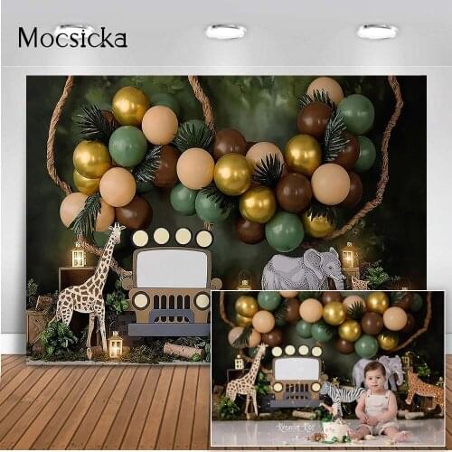 Safari Jungle Balloon Backdrop for Photography Woodland Animals Birthday Background for Photo Studio Photocall Boy Party Decor