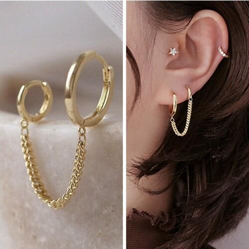 Brilliant Crystal Zircon 3 Metal Color Chain Earring One PCS Hot Sale Two Hole Piercing Earrings for Women Party Jewelry