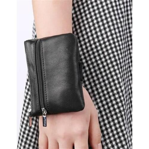 Black Adults Wrist Bag Convenient Leather Unisex Key Bag Korean Coin Purse Business Card Case Women Coin Purse Mini Zipper Pouch