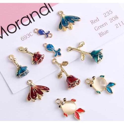 Valentines Charm Pendant-set of 10-3D Rose and Koi Jewelry Making Charms Enameled Flower Gold Rose Pendant Wedding Accessories
