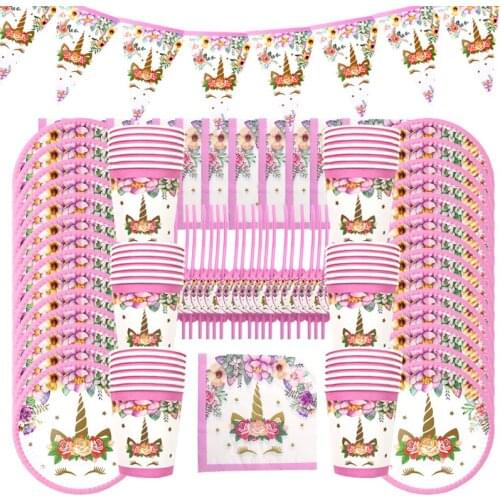 Unicorn Party Supplies Kids Birthday Decor Disposable Tableware Set Paper Plates Cup Banner Party balloon Baby Shower Girl gift