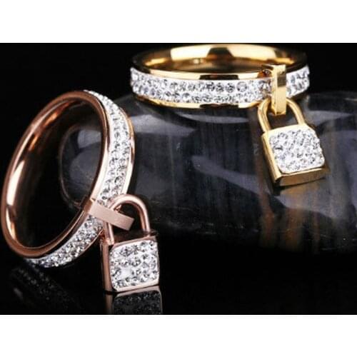 Hot Sale Full Rhinestone Padlock Gold Color / Rose Gold Color / Silver Color Stainless Steel Rings