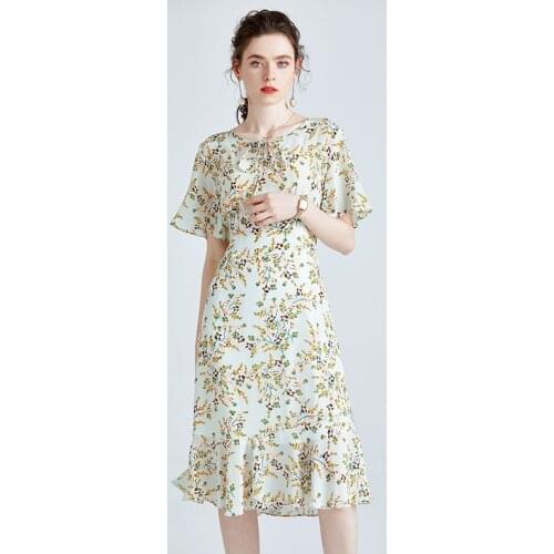 Print green little Floral Silk Dresses Women fashion 2021 Summer Long Casual Sexy Office Work Daily Dress Plus Size Slim Fit A