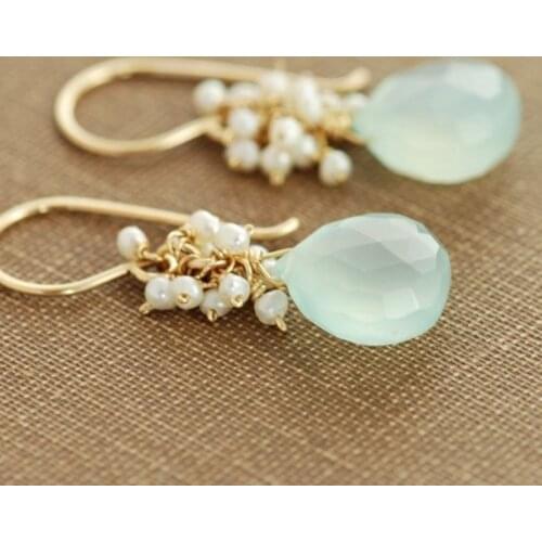Seafoam Chalcedony Seed Pearl Earrings Handmade Gold Dangle Earrings with Pearl Clusters